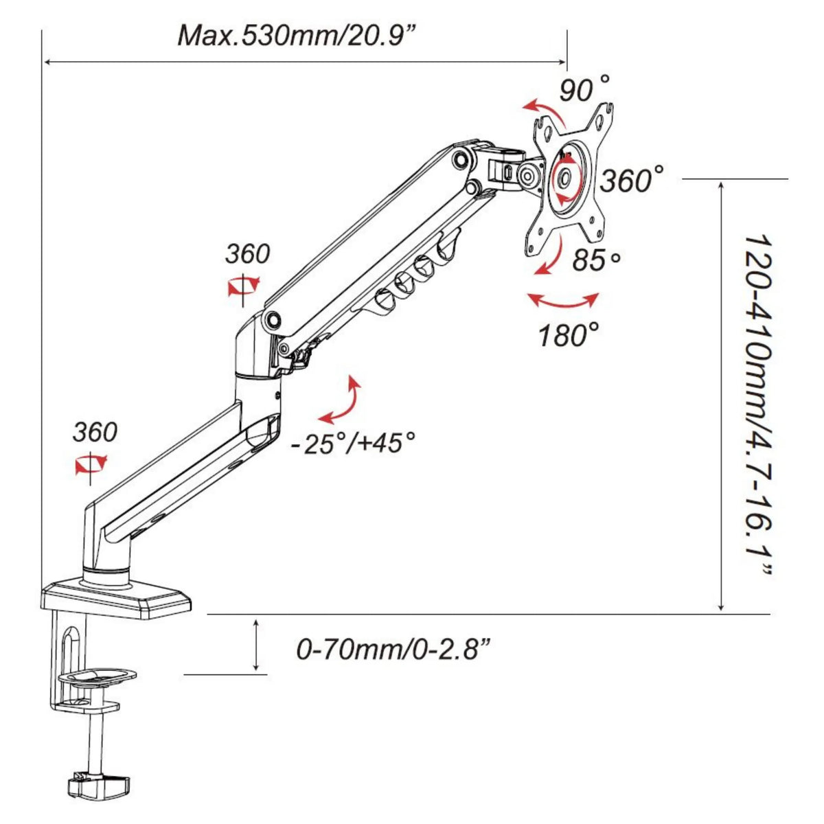 Technical drawing of the Monitor Mount Ergomount GF1 with a maximum outreach of 530 mm by hjh OFFICE