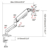 Technical drawing of the Monitor Mount Ergomount GF1 with a maximum outreach of 530 mm by hjh OFFICE