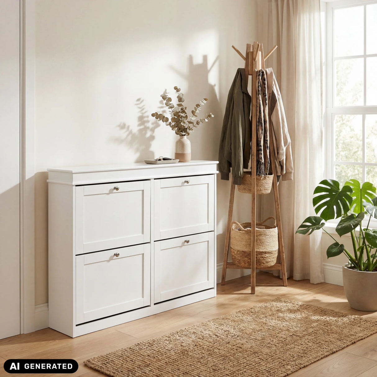 White Estha 40 shoe cabinet with four drop-down compartments and silver-coloured handles by hjh LIVING (AI-generated image)