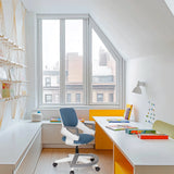 Blue-grey Swivel Chair – Children KID FLEX with white armrests and castors in front of a desk by hjh OFFICE