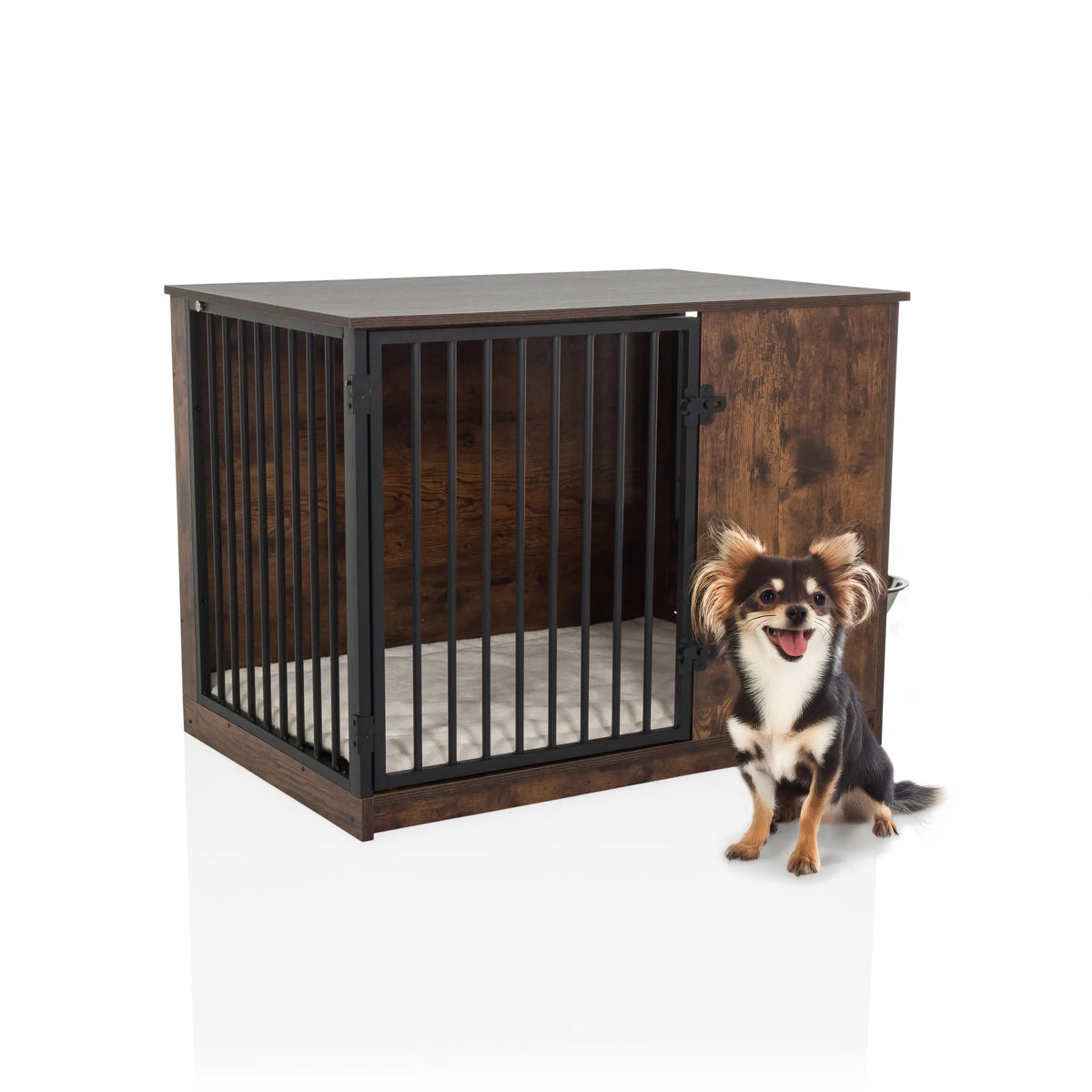 Brown dog crate PAWHOME S with grilles and a small dog next to it by hjh LIVING