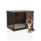 Brown dog crate PAWHOME S with grilles and a small dog next to it by hjh LIVING