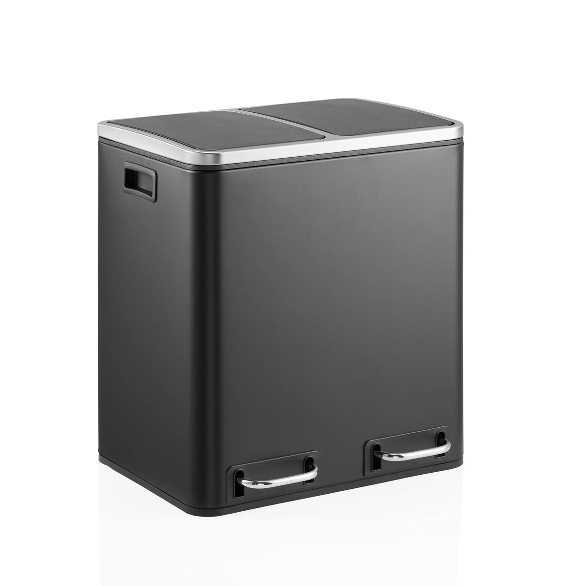 Schwarzer Mülleimer Clean 9 mit zwei Fächern, silbernem Deckelrand und zwei Tragegriffen von hjh OFFICE – 360-Grad-Ansicht (schräge Frontansicht 30°)
