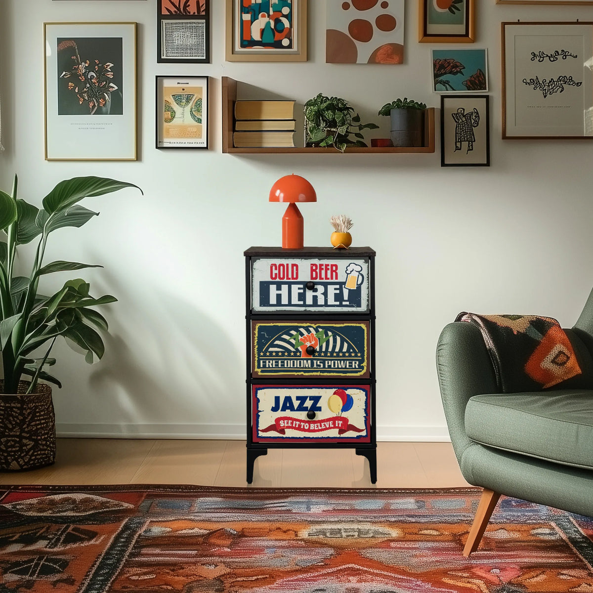 Chest of drawers AMERIKO S with three colourful patterned drawers and a black frame by hjh LIVING