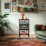 Chest of drawers AMERIKO S with three colourful patterned drawers and a black frame by hjh LIVING