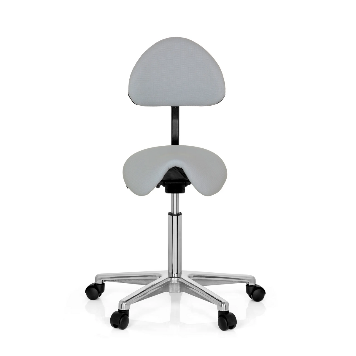 Grey Saddle stool TOP WORK 20 with backrest and five-caster base by hjh OFFICE – 360-degree view (front view 0°)