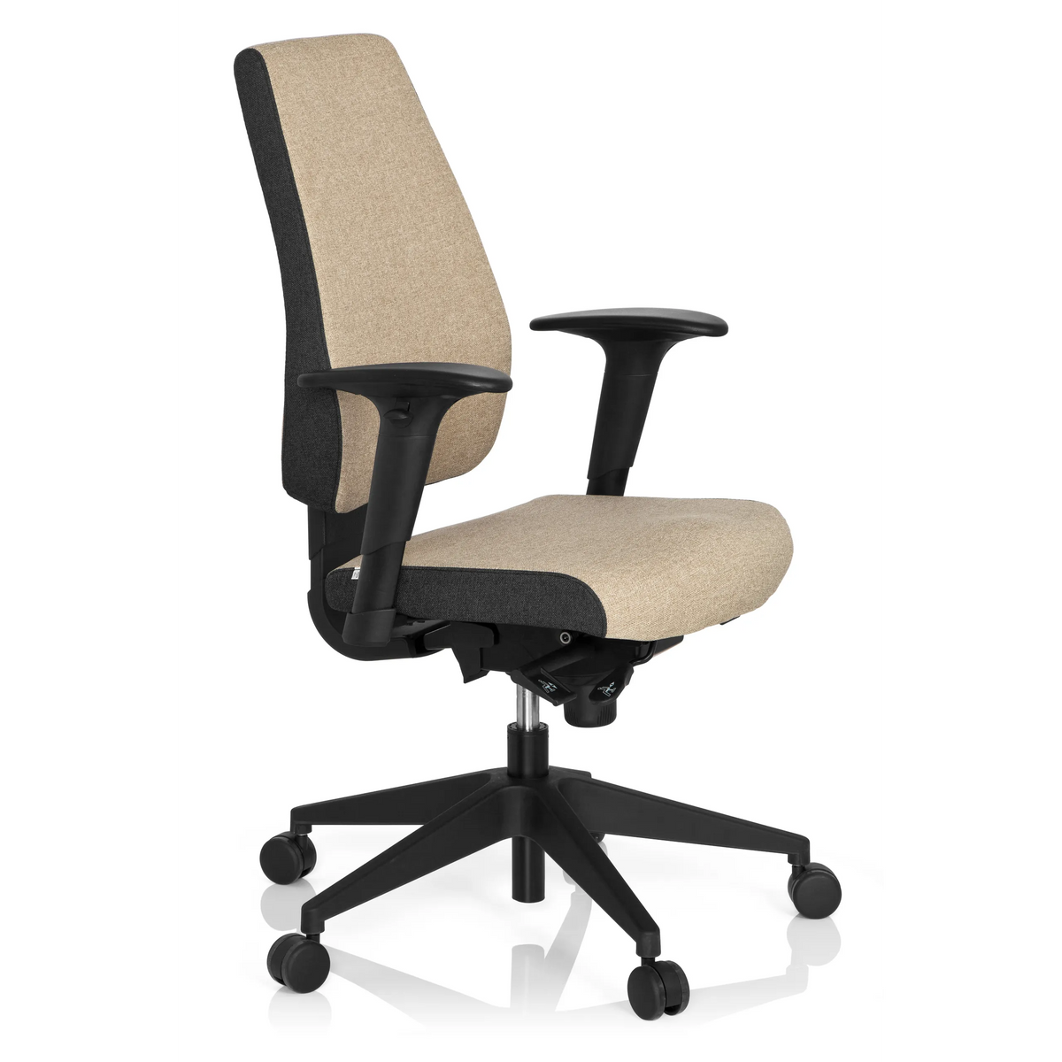 Beige Professional Office Chair PRO-TEC 500 with armrests and a black five-caster base by hjh OFFICE – 360-degree view (front three-quarter view 60°)