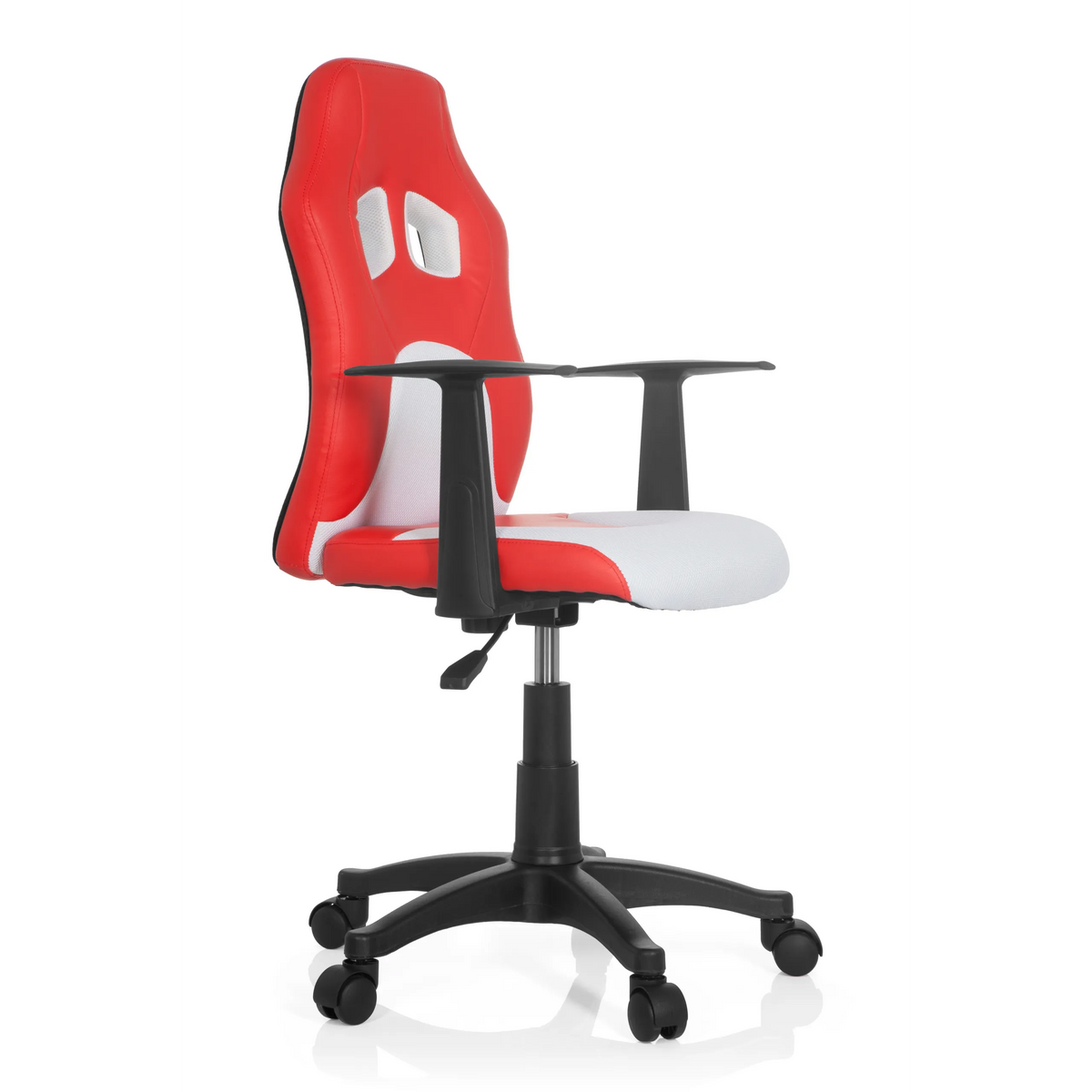 Red and white TEEN GAME AL swivel chair for children with armrests and black five-caster base by hjh OFFICE – 360-degree view (front three-quarter view 60°)