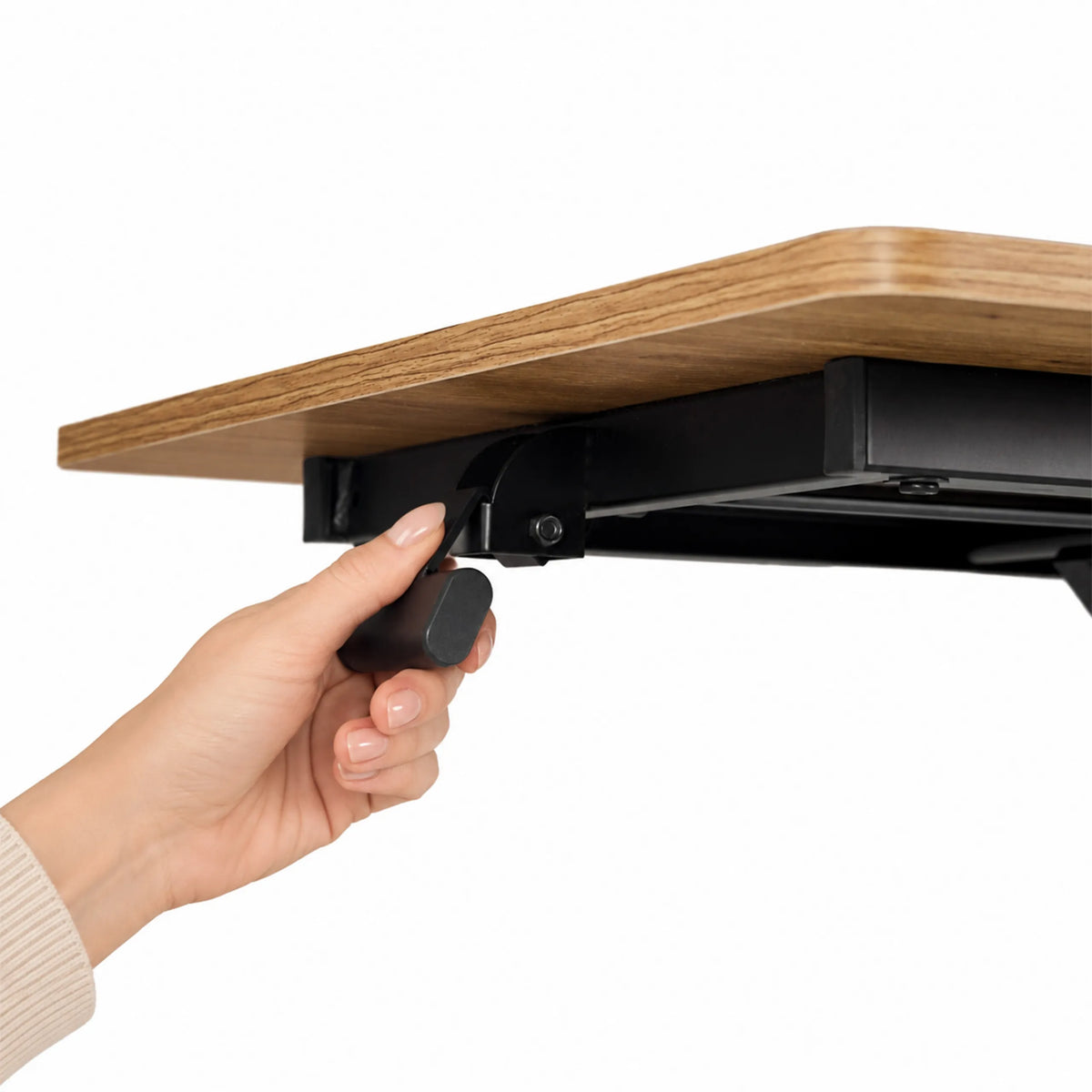 Locking lever under the desktop of the Worktime Lift desk in oak and black by hjh OFFICE