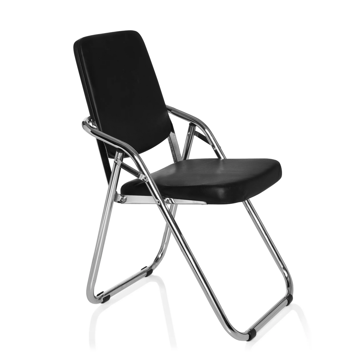 Black Folding chair ESTO with faux leather upholstery and chrome frame by hjh OFFICE – 360-degree view (front three-quarter view 60°)