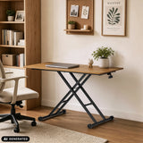 Height-adjustable desk Worktime Lift in oak and black with X-frame and laptop by hjh OFFICE