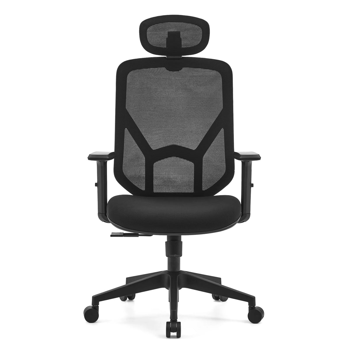 Black Home Office Chair BLACORE with mesh back, headrest and five-caster base by MyBuero – 360-degree view (front view 0°)