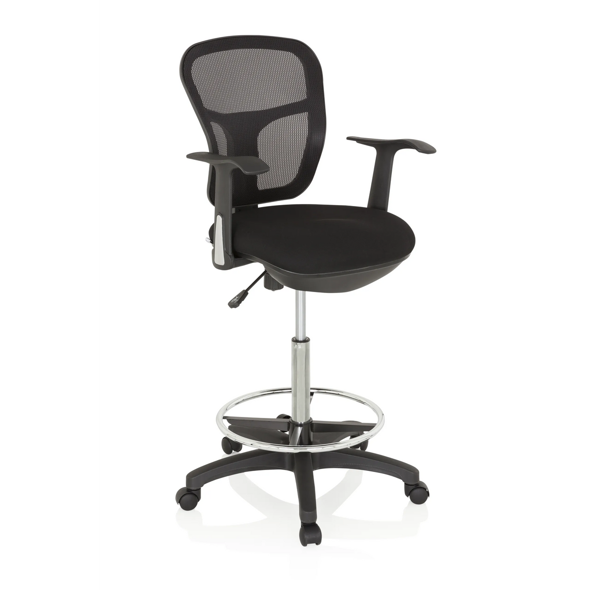 Black Counter chair TOP WORK 108 with mesh back, foot ring and five-caster base by hjh OFFICE – 360-degree view (front three-quarter view 40°)