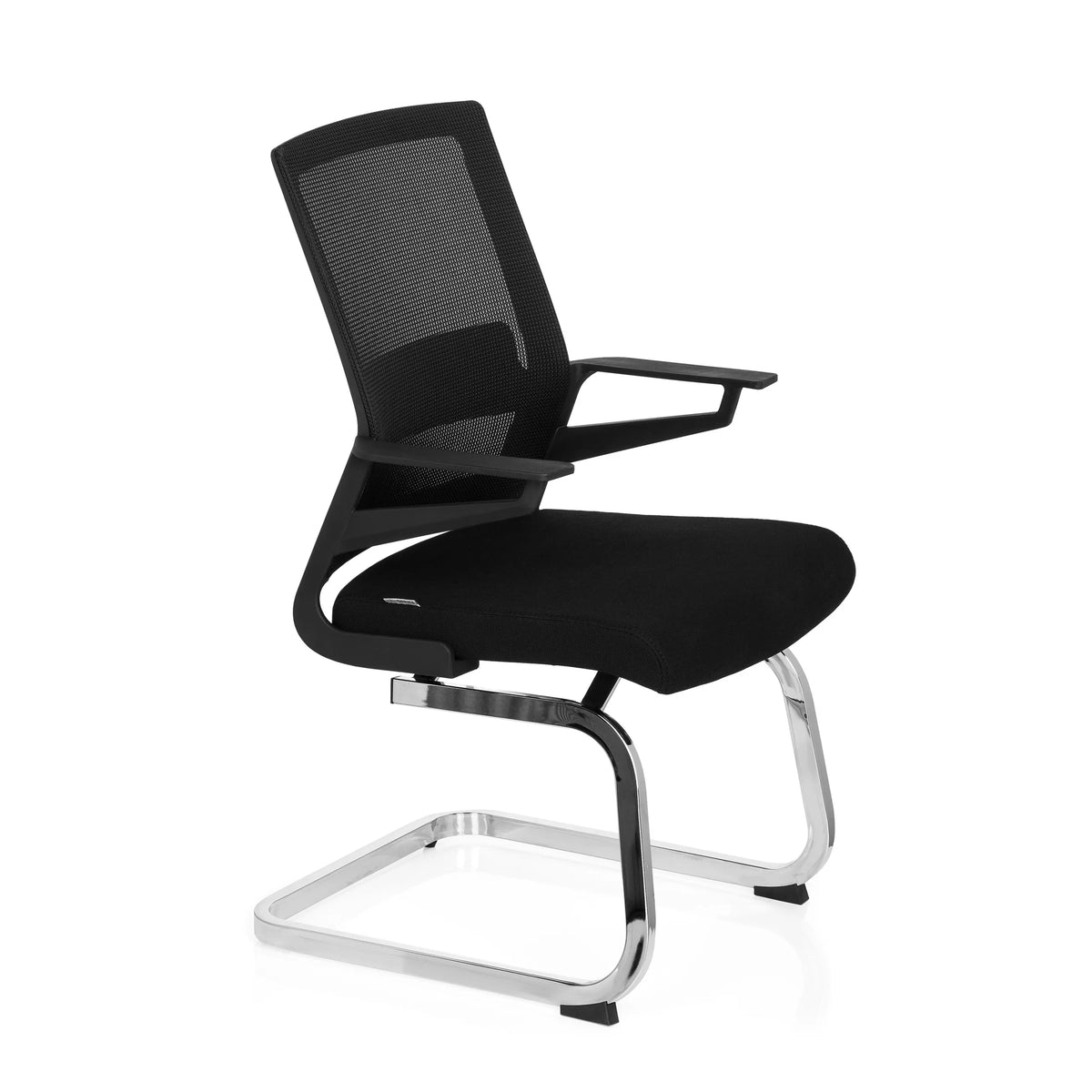 Black Cantilever chair INVENTOR V with mesh back, armrests and sled base by hjh OFFICE – 360-degree view (front three-quarter view 60°)