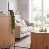 Senecio Climb wooden cabinet in green with a hanging plant in a bright living room by hjh OFFICE