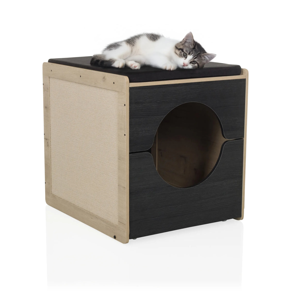 Cat house KITTY PAWBOX 2 in black and oak with a lying cat on the roof by hjh LIVING