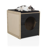 Cat house KITTY PAWBOX 2 in black and oak with a lying cat on the roof by hjh LIVING