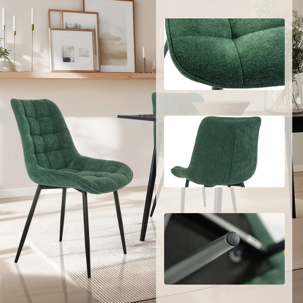 Petrol dining chair ELARIS with quilted upholstery and black legs including detailed views by hjh LIVING