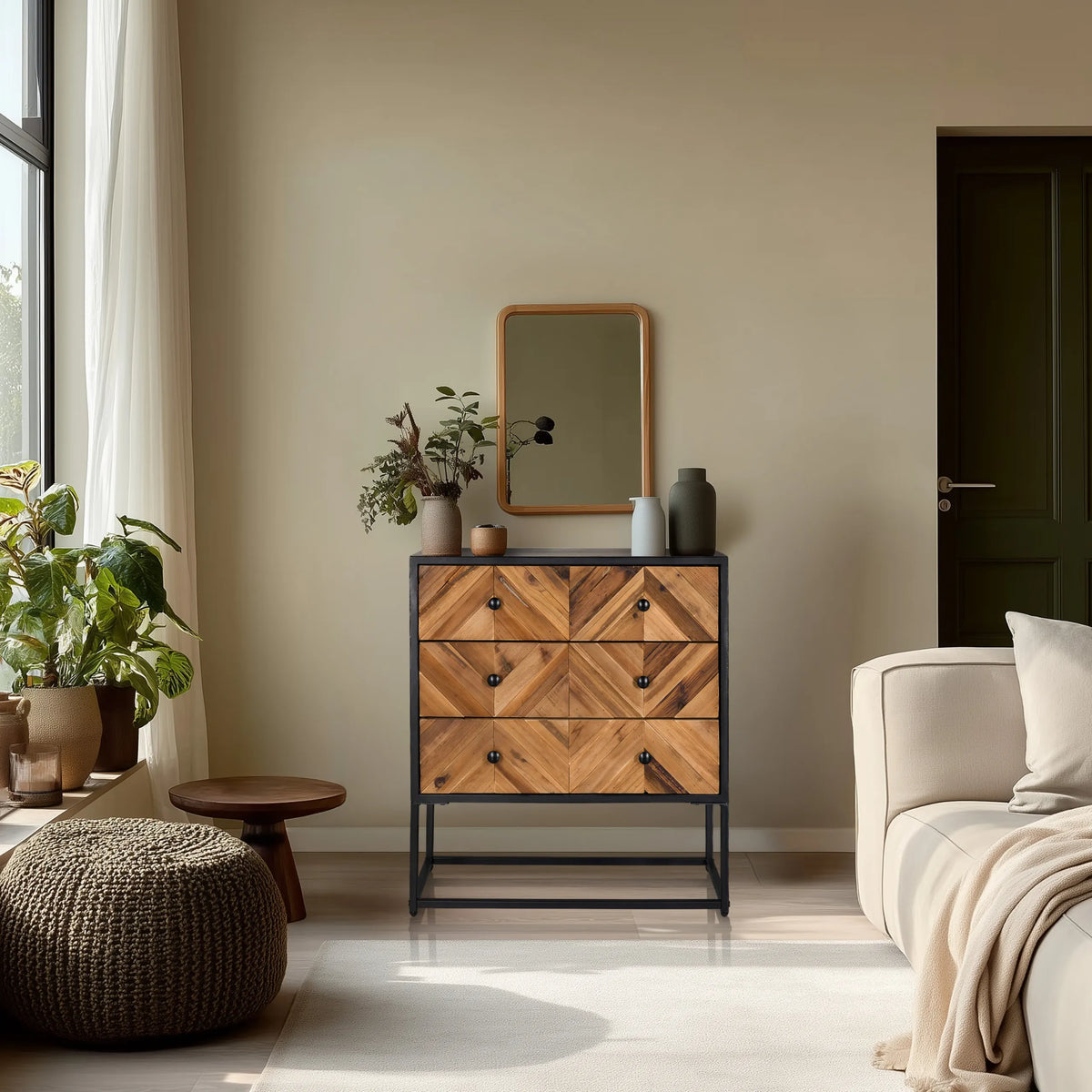 Sideboard SANTJAGO BLACK SUN L with three drawers in dark wood colours and black metal frame by hjh LIVING