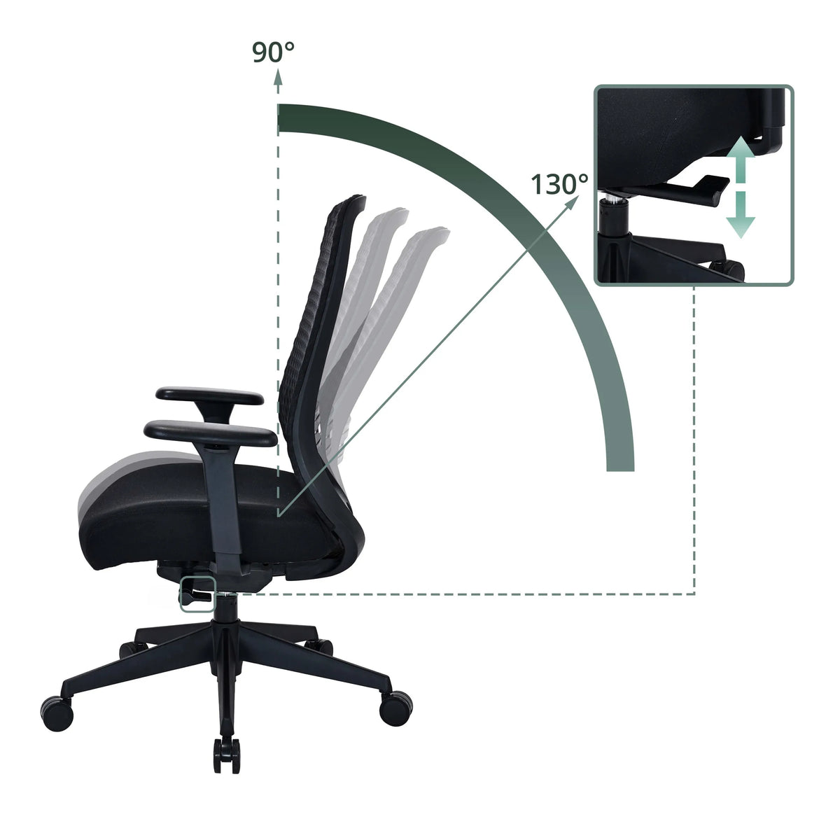 Adjustable backrest tilt angle from 90° to 130° of the Professional Office Chair Verviq by hjh OFFICE