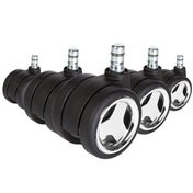 Fünf Stuhlrollen 5x ROLO GAME No-Noise 11mm/60mm in Schwarz und Chrom für Hartböden von hjh OFFICE