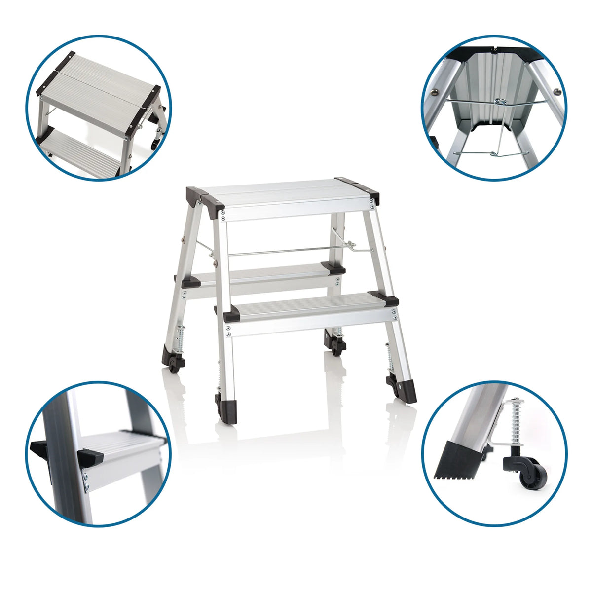 Two-step Folding Ladder SOLID VI made of aluminium with rollers and safety lock by hjh OFFICE
