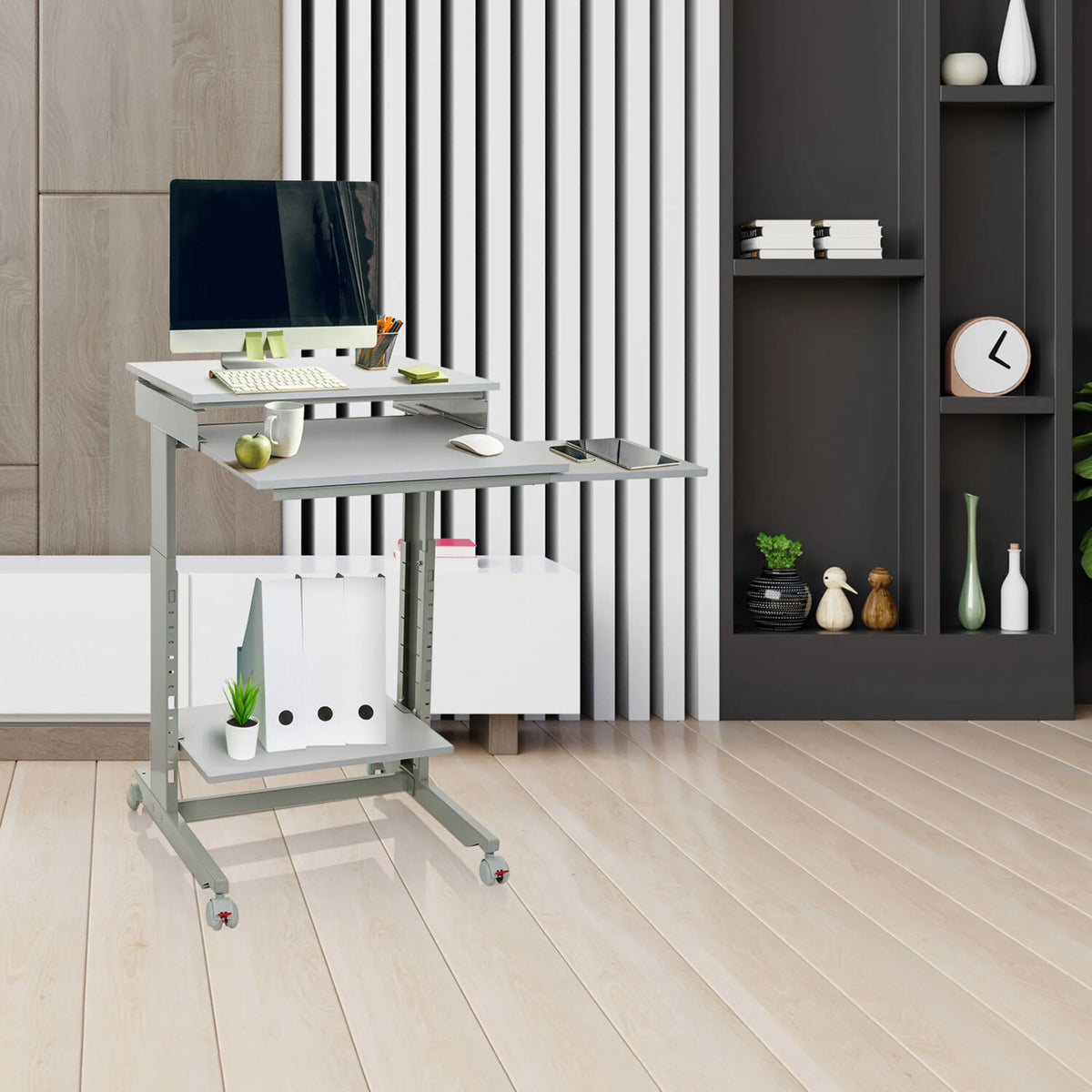 Grey standing desk WORKSTATION with two levels, storage surface and castors by hjh OFFICE