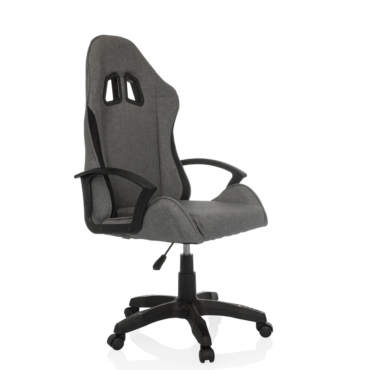 Grey Gaming chair GAMEBREAKER W01 with two headrest cut-outs and five-caster base by MyBuero – 360-degree view (front three-quarter view 45°)