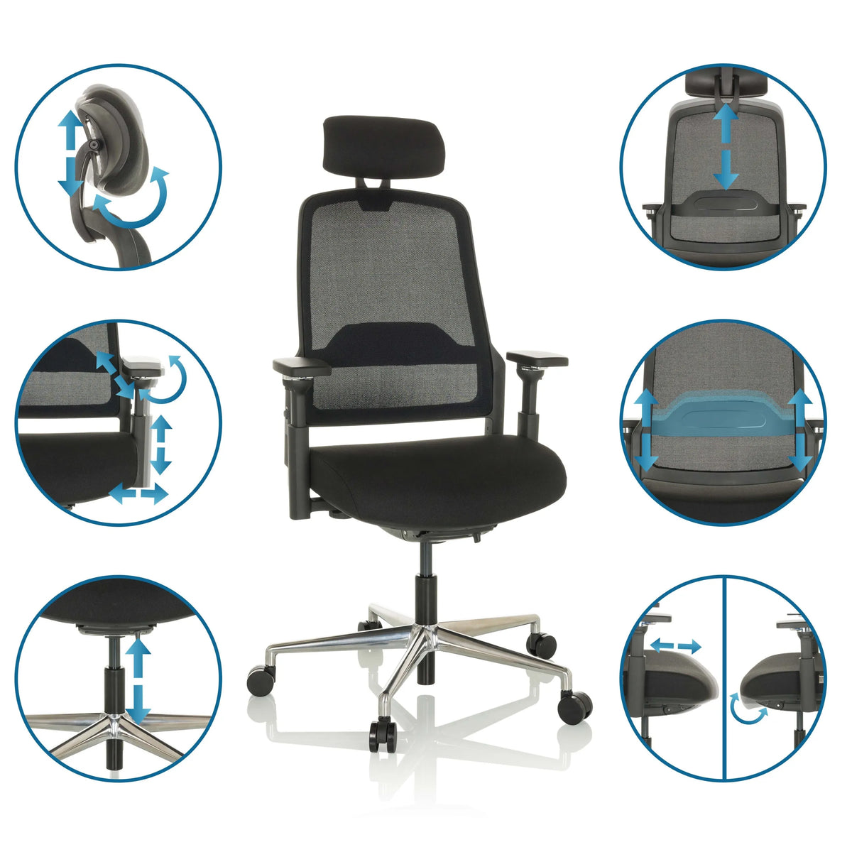 Adjustable features of the Professional Office Chair TERARO AX in black by hjh OFFICE