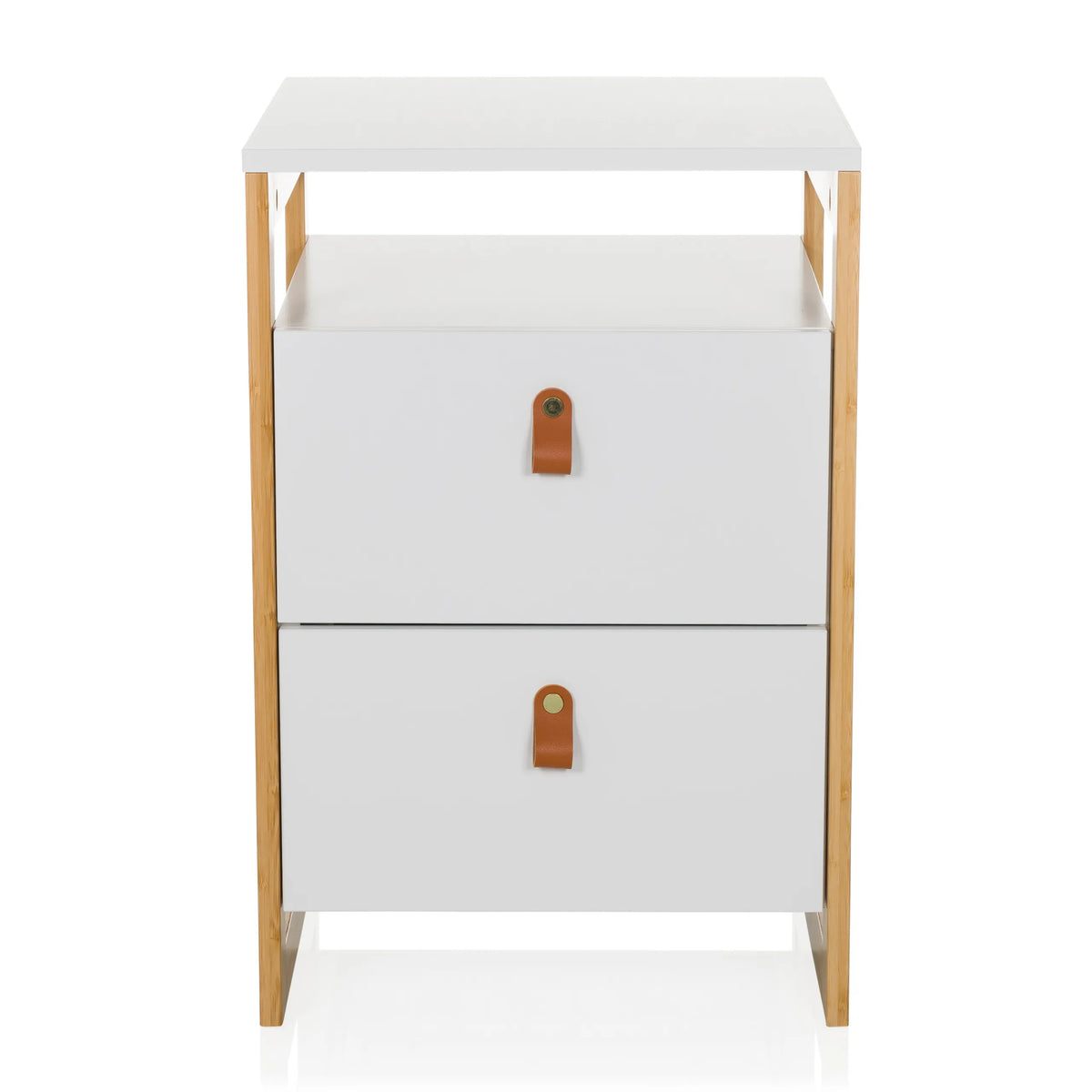 White Side table TAROLO III with two drawers and brown leather handles by hjh LIVING – 360-degree view (front view 0°)