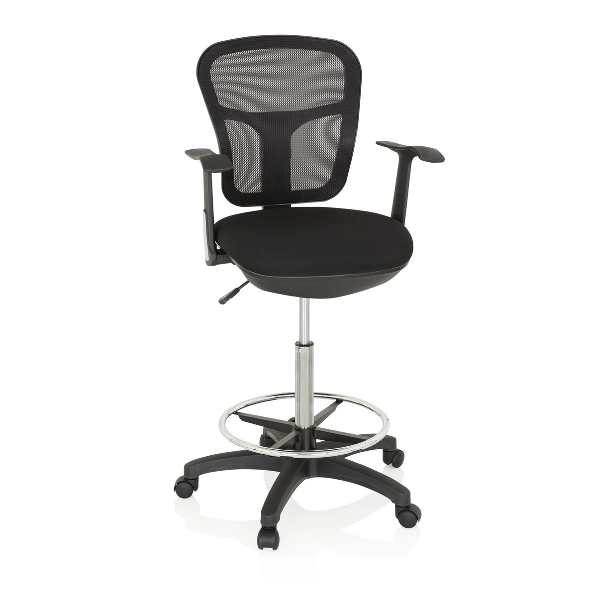 Black Counter chair TOP WORK 108 with mesh back, foot ring and five-caster base by hjh OFFICE – 360-degree view (front view 20°)