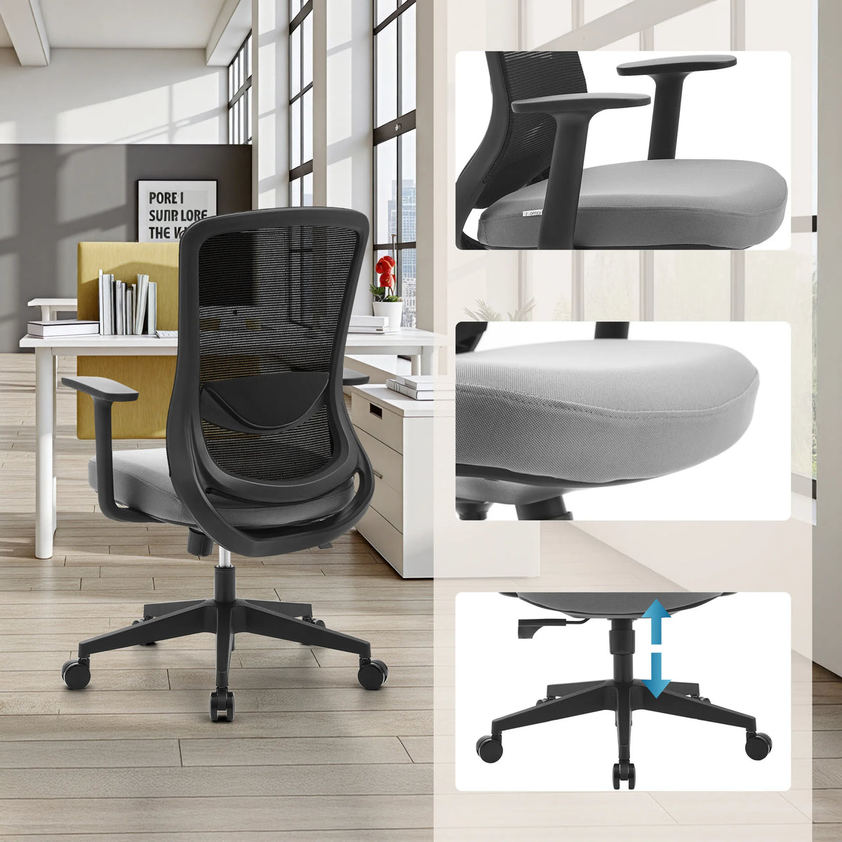 Home Office Chair Sedito in black-grey with adjustable armrests and gas spring by hjh OFFICE