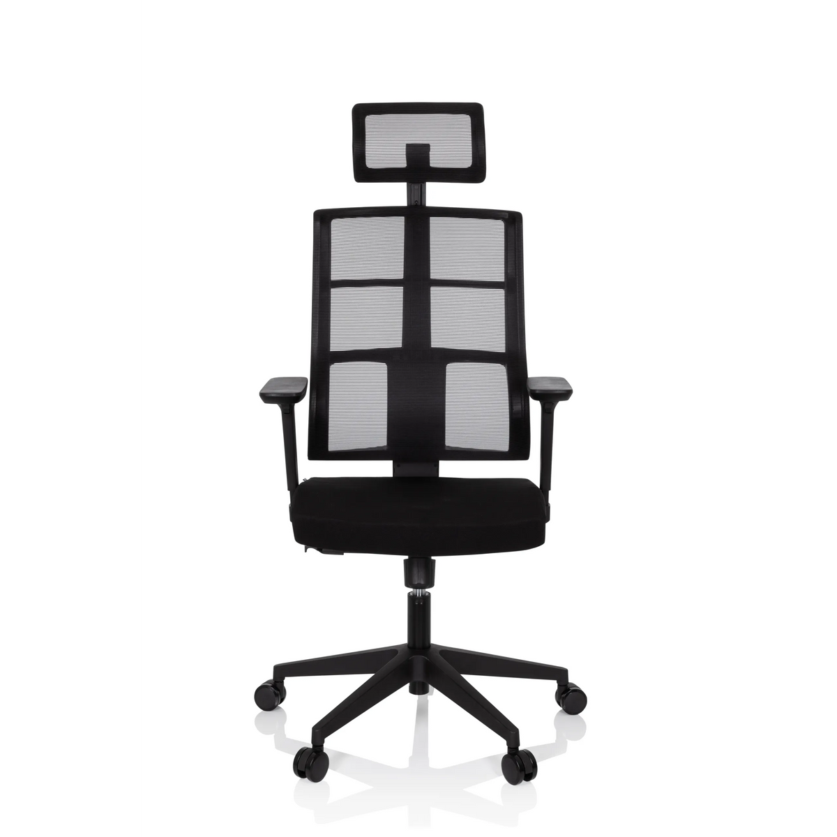 Black Professional Office Chair SPINIO PRO with mesh back, headrest and five-caster base by hjh OFFICE – 360-degree view (front view 0°)