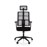 Black Professional Office Chair SPINIO PRO with mesh back, headrest and five-caster base by hjh OFFICE – 360-degree view (front view 0°)