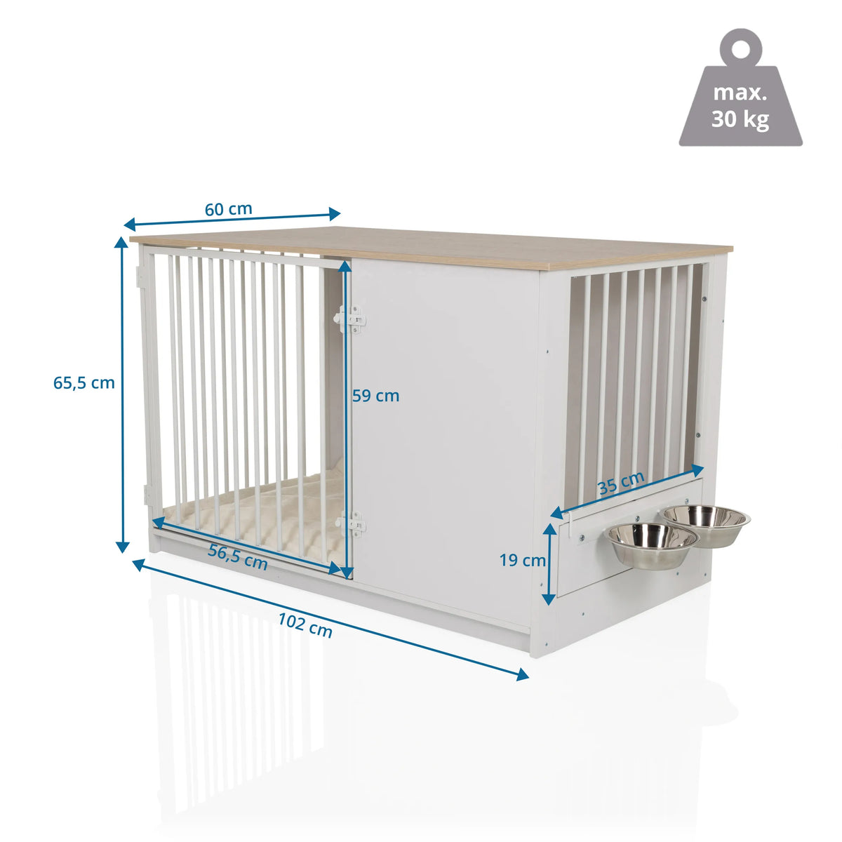 Dimensional drawing of the Dog crate PAWHOME XL in white and oak, 102 x 65.5 cm, by hjh LIVING