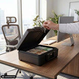 Open Safe Compact Slim safe in black with bundles of money on a desk by hjh OFFICE (AI-generated image)