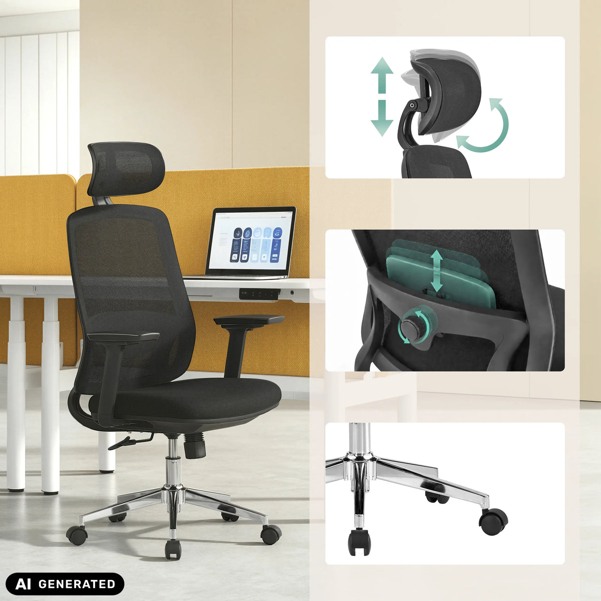 Professional Office Chair Ergosento in black with adjustable headrest and lumbar support by hjh OFFICE (AI-generated image)