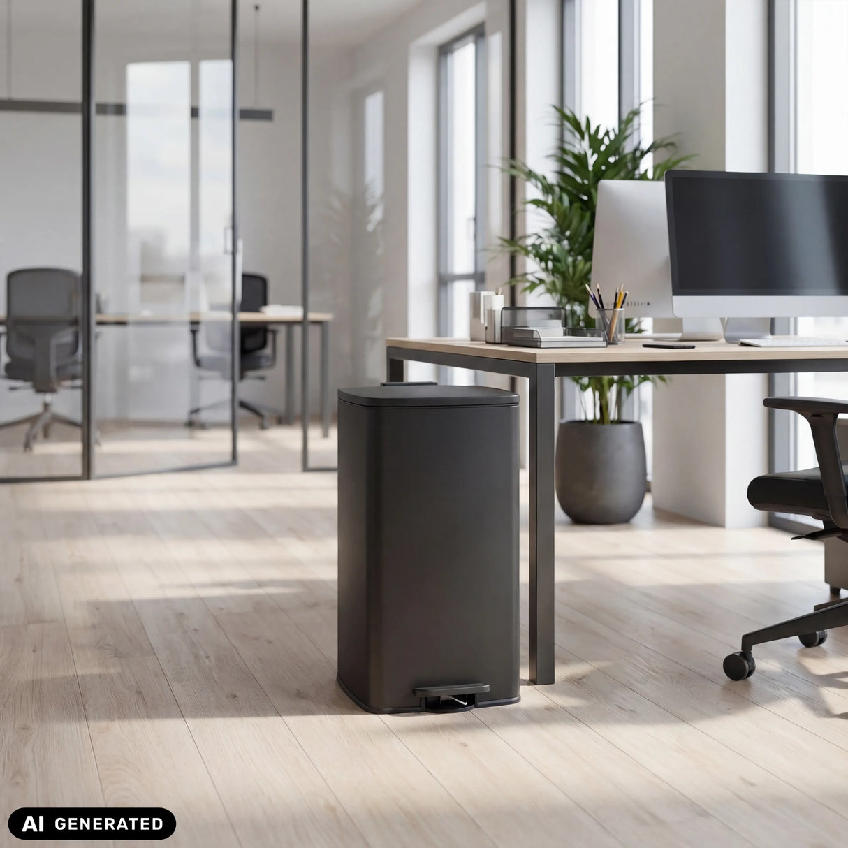 Black Clean Step 4 wastepaper bin with a 60 litre capacity in an office by hjh OFFICE (AI-generated image)