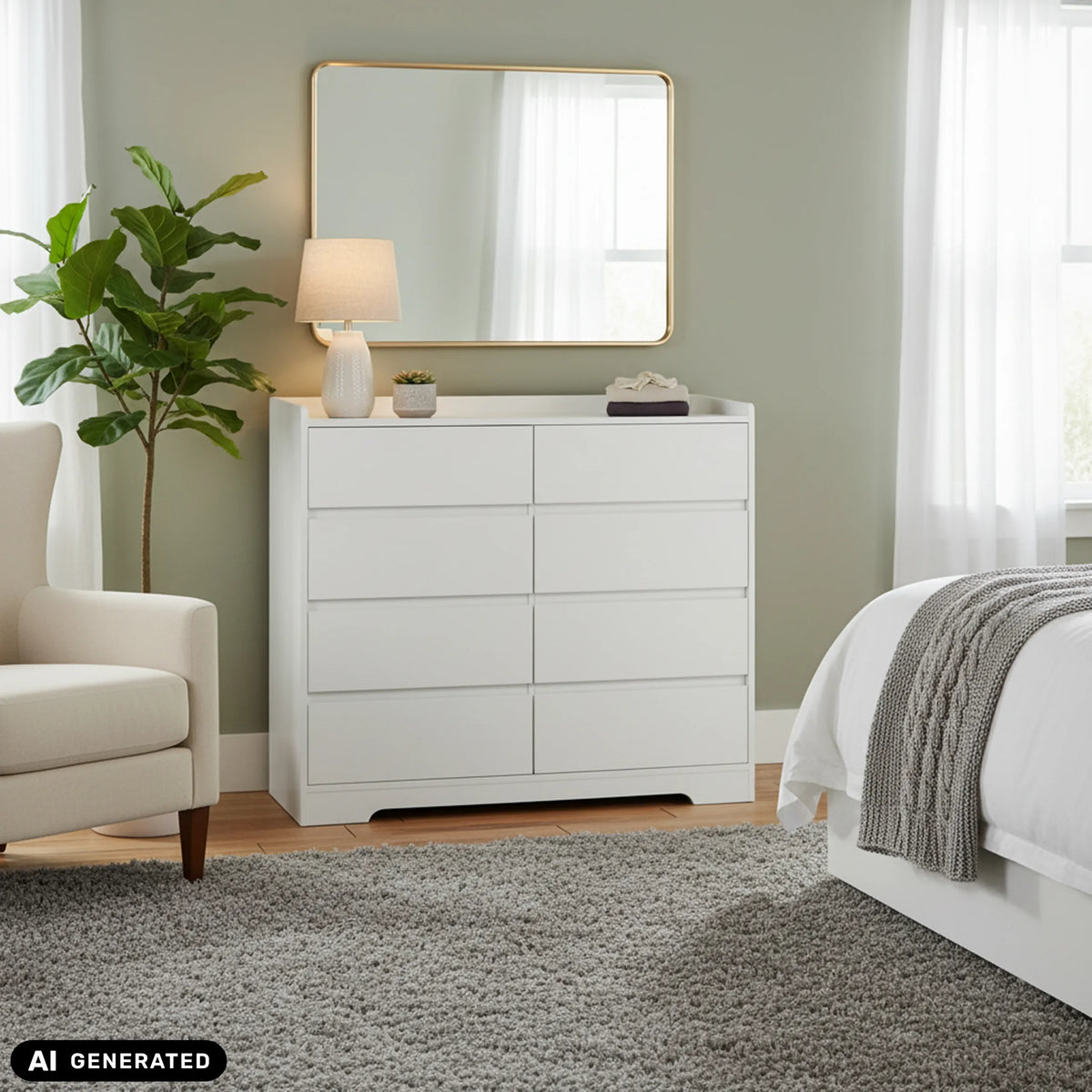 White OSOYRO chest of drawers with six drawers in a bright room by hjh LIVING (AI-generated image)