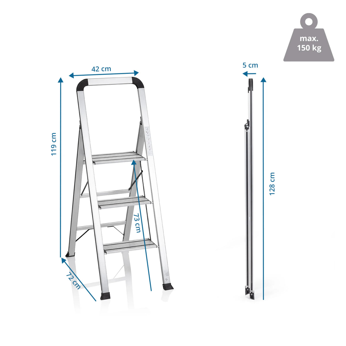Dimensional drawing of the Folding Ladder SOLID V with a height of 119 cm and 42 cm width by hjh OFFICE