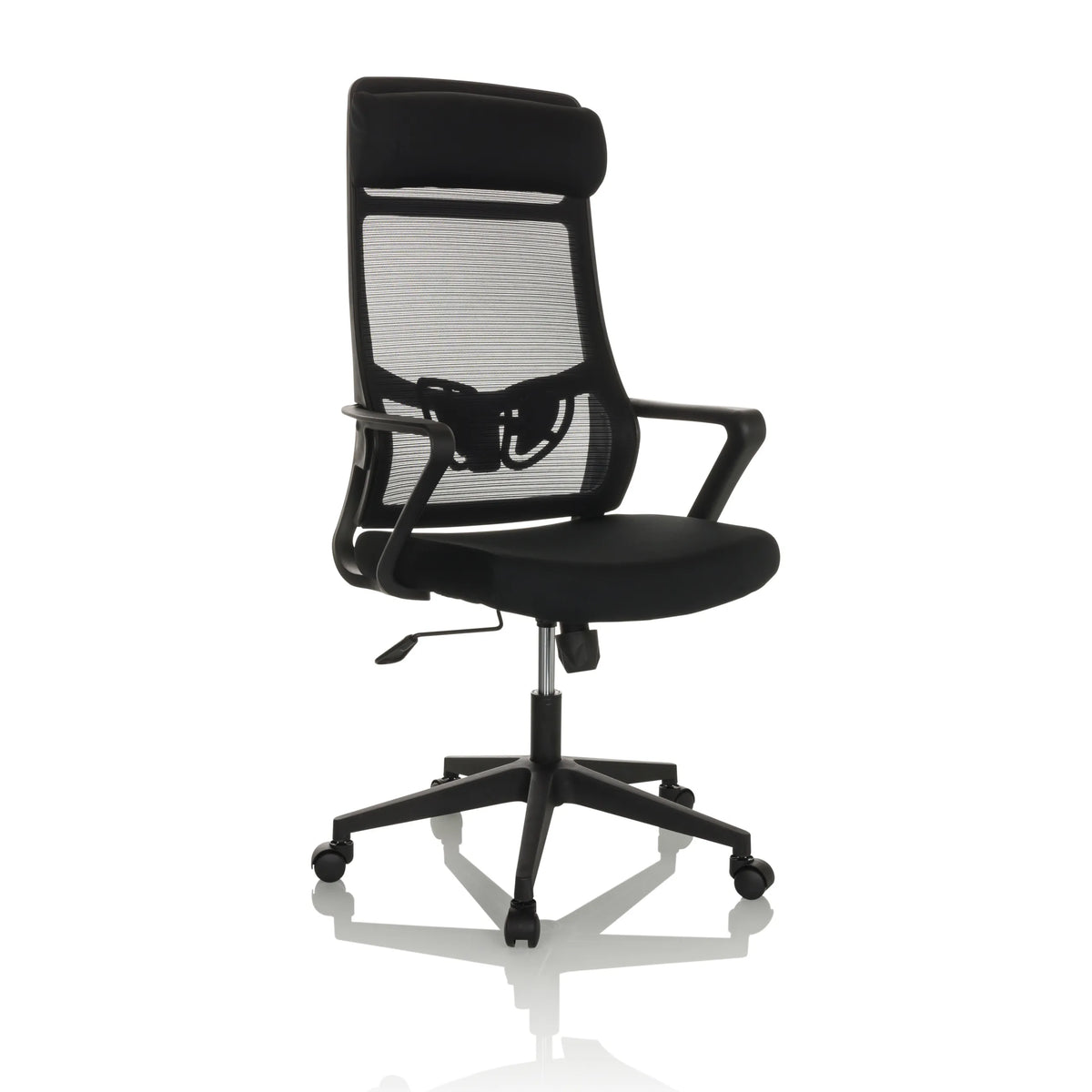 Black Home Office Chair NEKEO with mesh back and five-caster base by hjh OFFICE – 360-degree view (front three-quarter view 30°)