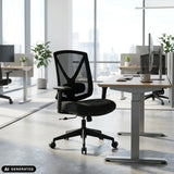 Black Professional Office Chair Mirou with mesh backrest and castors in front of a desk by hjh OFFICE (AI-generated image)