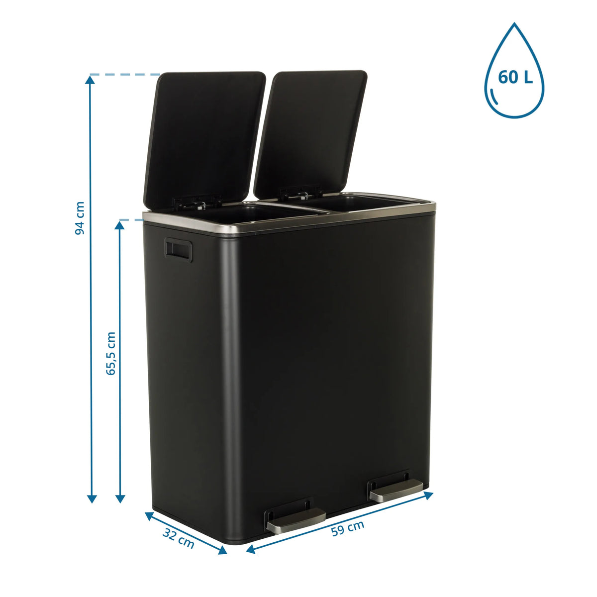Dimensional drawing of the wastepaper CLEAN XI with a height of 94 cm and a 60 l capacity by hjh OFFICE