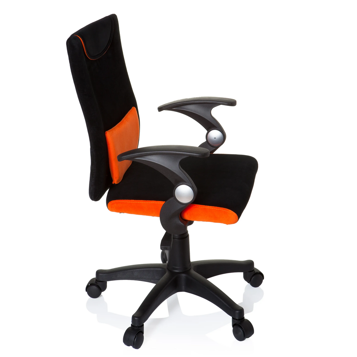 Black and orange Swivel Chair – Children KIDDY PRO AL with lumbar cushion and five-caster base by hjh OFFICE – 360-degree view (side profile 80°)