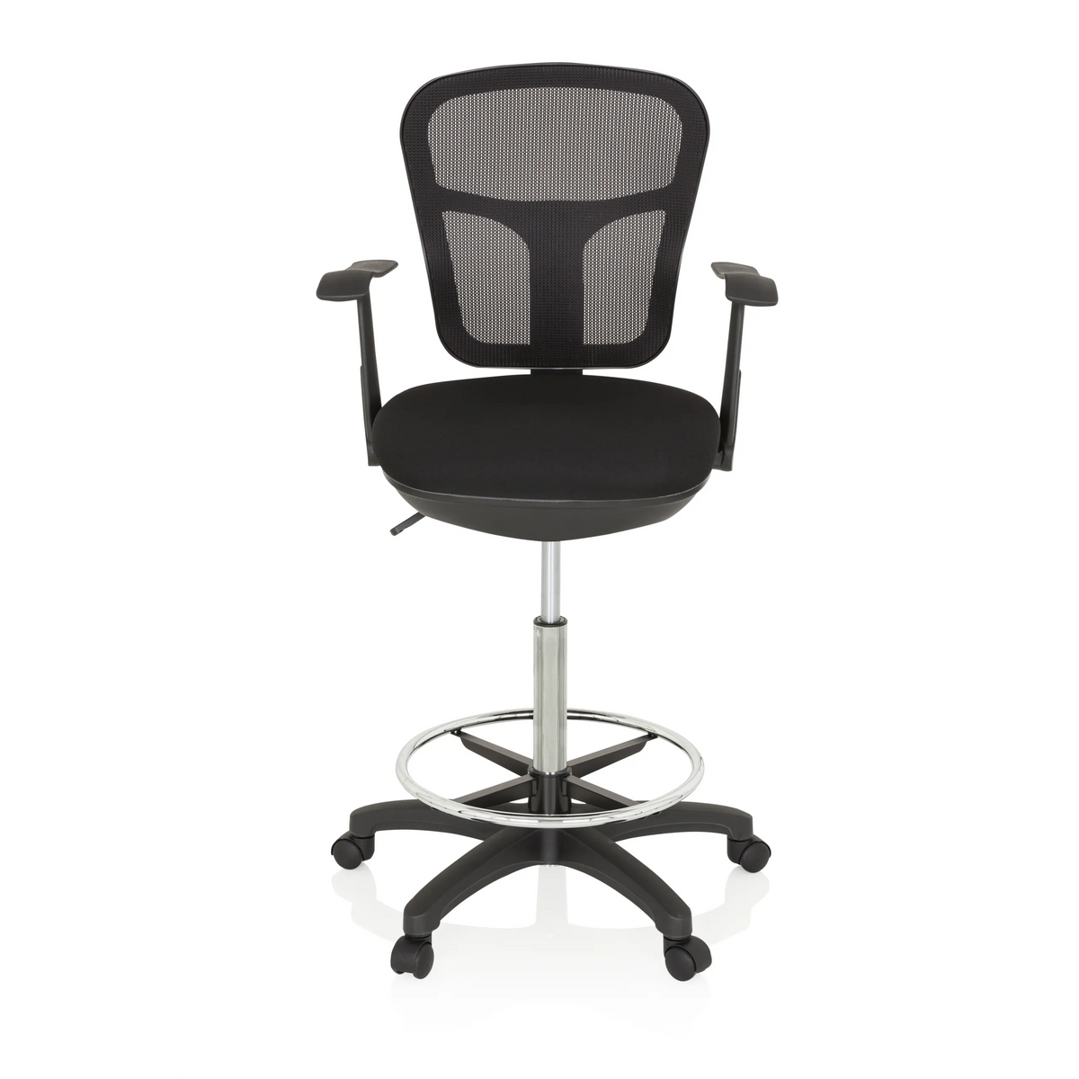 Black Counter chair TOP WORK 108 with mesh back, foot ring and five-caster base by hjh OFFICE – 360-degree view (front view 0°)