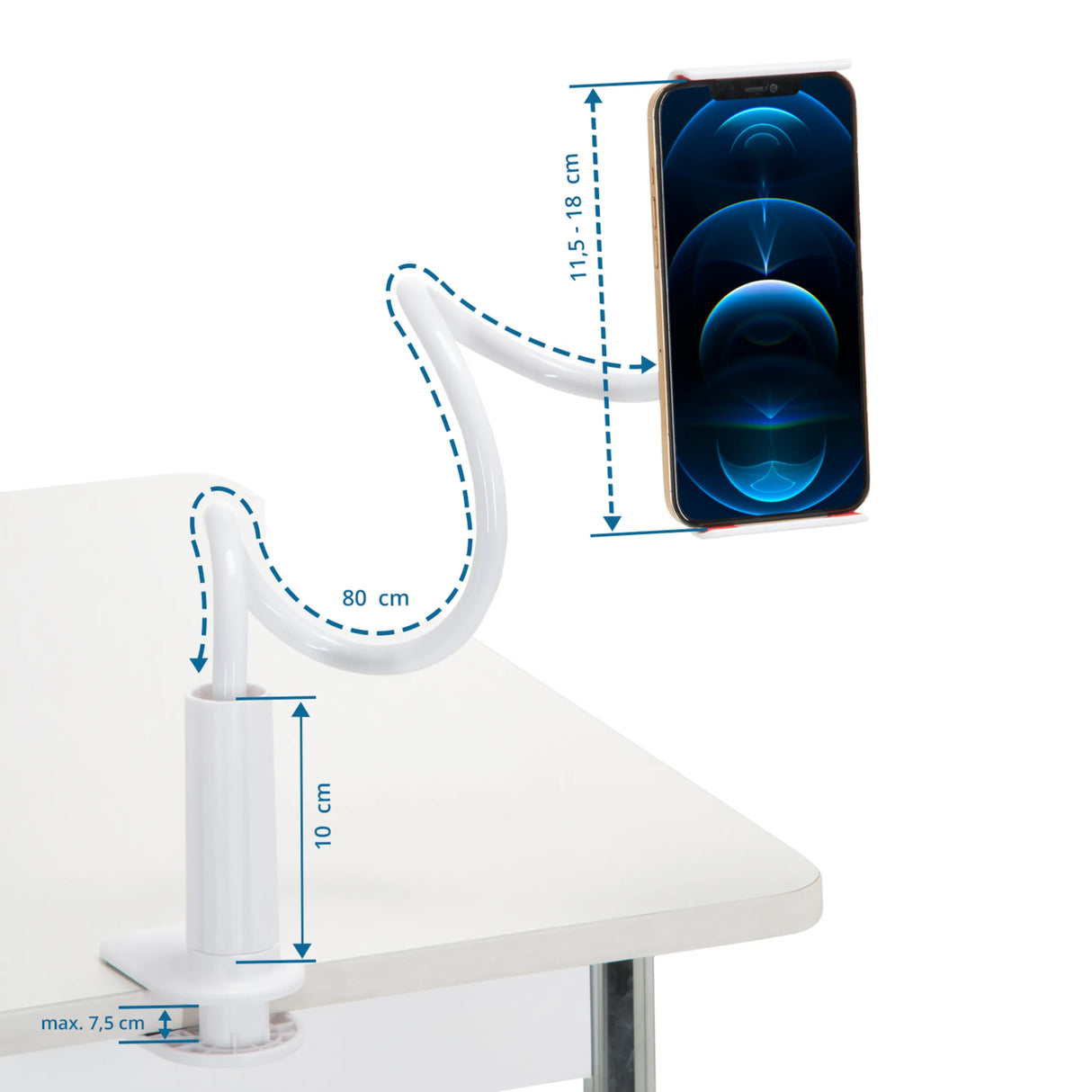 Dimensional drawing of the Mobile phone & tablet holder FLEXMOBI I with a length of 80 cm by hjh OFFICE