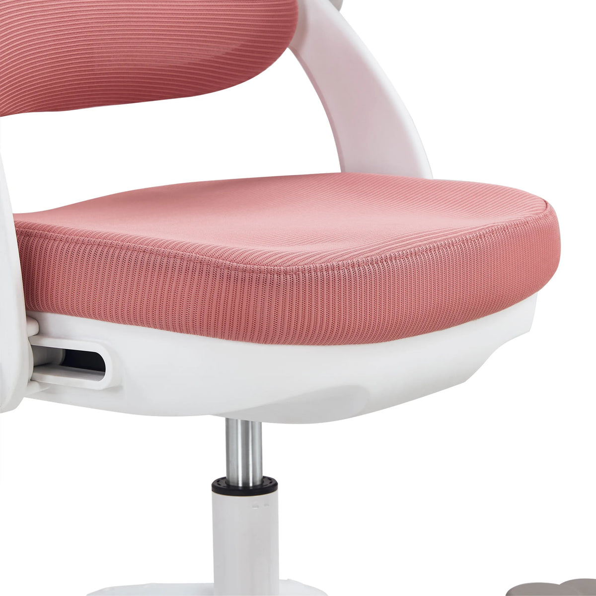 Pink padded seat of the Kiddy Smart Step children's swivel chair with a white frame by hjh OFFICE