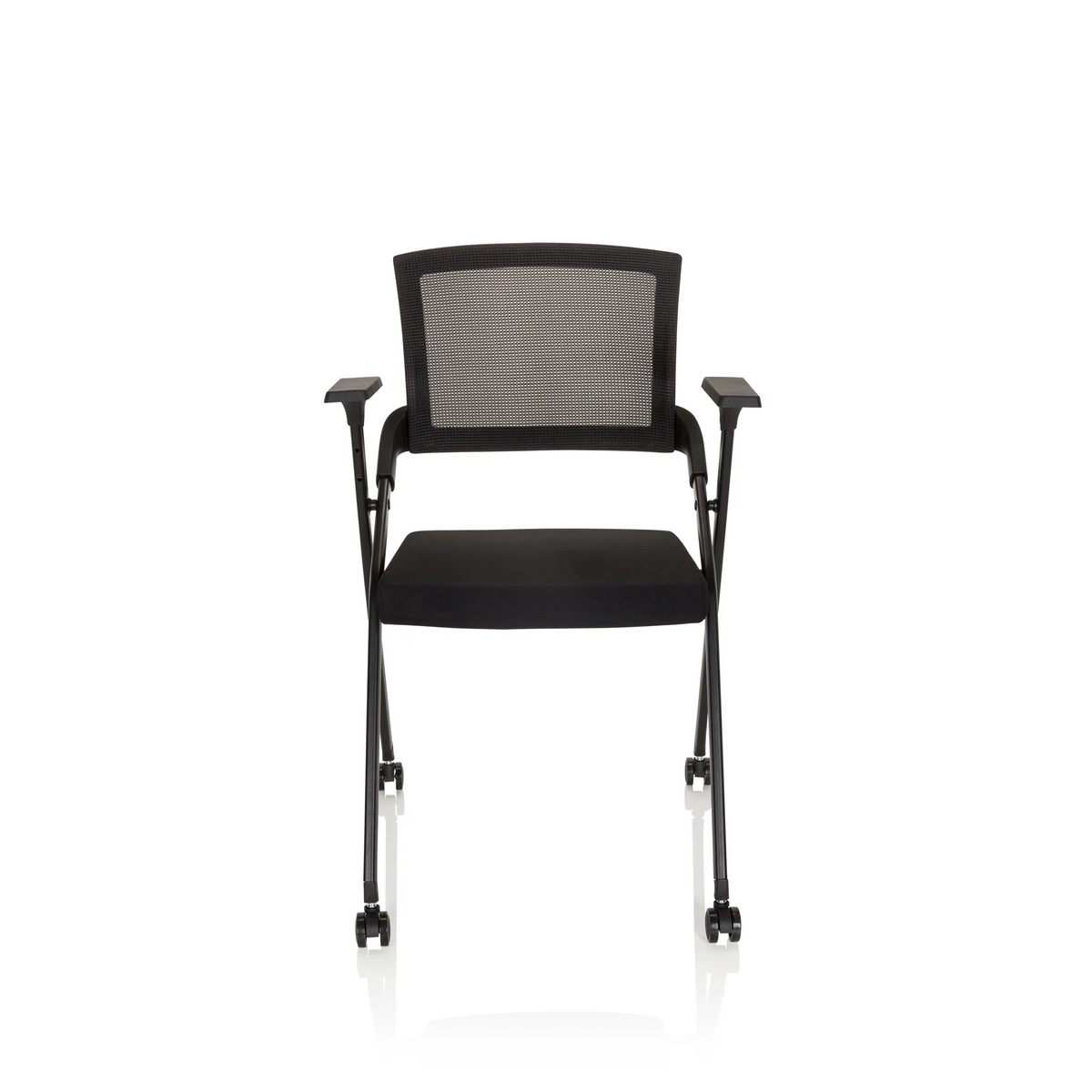 Black Folding chair PRIORITY II with mesh back, armrests and four castors by hjh OFFICE – 360-degree view (front view 0°)