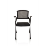 Black Folding chair PRIORITY II with mesh back, armrests and four castors by hjh OFFICE – 360-degree view (front view 0°)