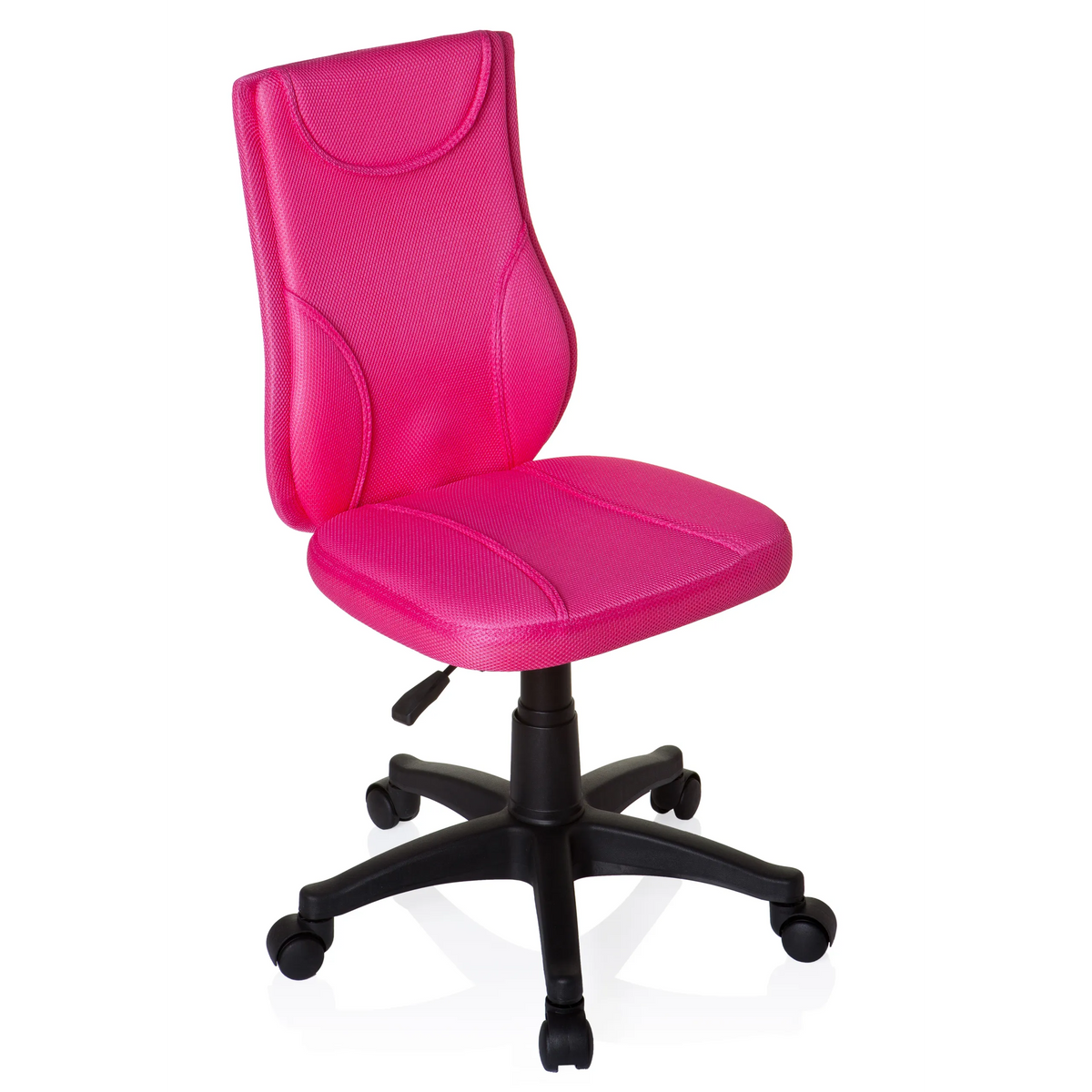 Pink Swivel Chair – Children KIDDY BASE with mesh back and black five-caster base by hjh OFFICE – 360-degree view (front three-quarter view 40°)